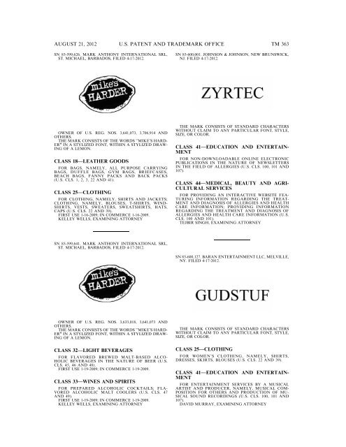 MARKS PUBLISHED FOR OPPOSITION - United States Patent and ...