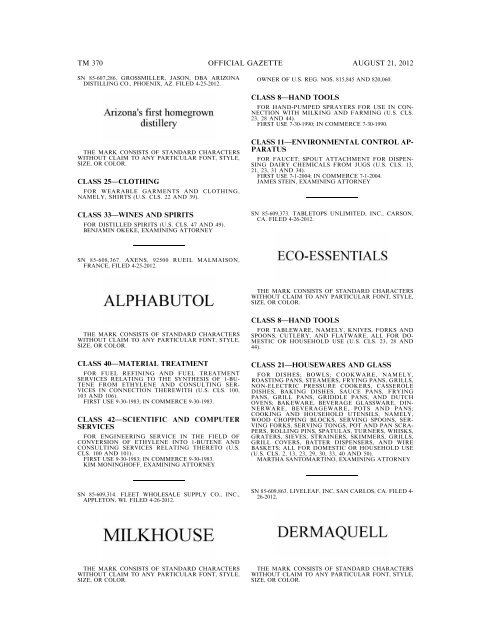 MARKS PUBLISHED FOR OPPOSITION - United States Patent and ...