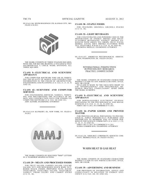 MARKS PUBLISHED FOR OPPOSITION - United States Patent and ...