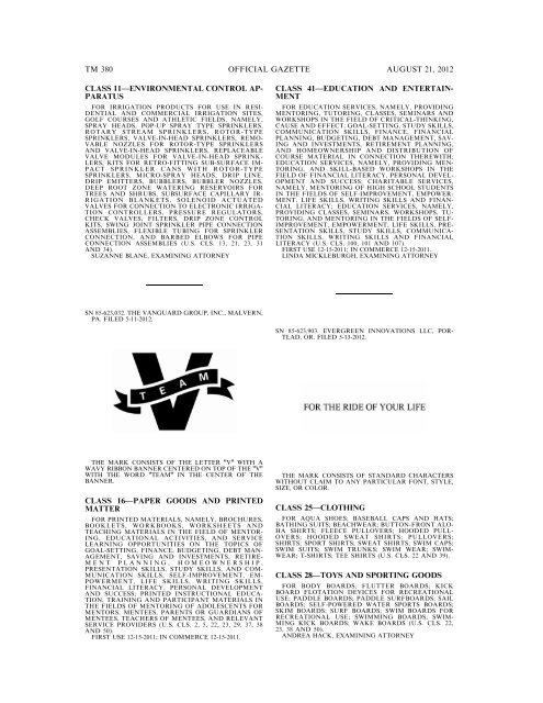 MARKS PUBLISHED FOR OPPOSITION - United States Patent and ...