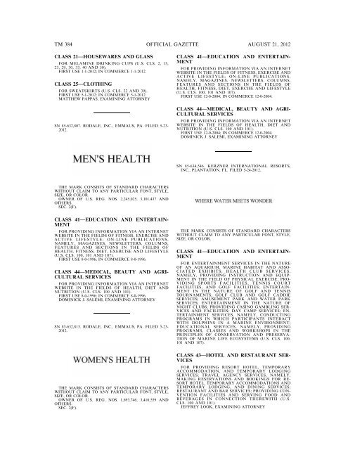 MARKS PUBLISHED FOR OPPOSITION - United States Patent and ...