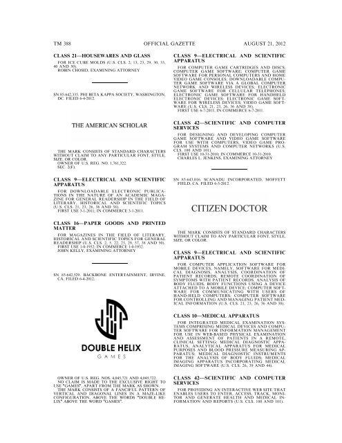 MARKS PUBLISHED FOR OPPOSITION - United States Patent and ...