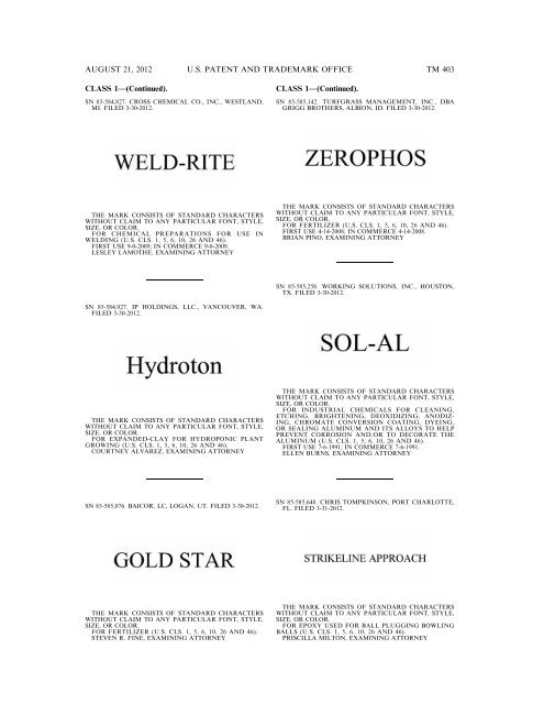 MARKS PUBLISHED FOR OPPOSITION - United States Patent and ...