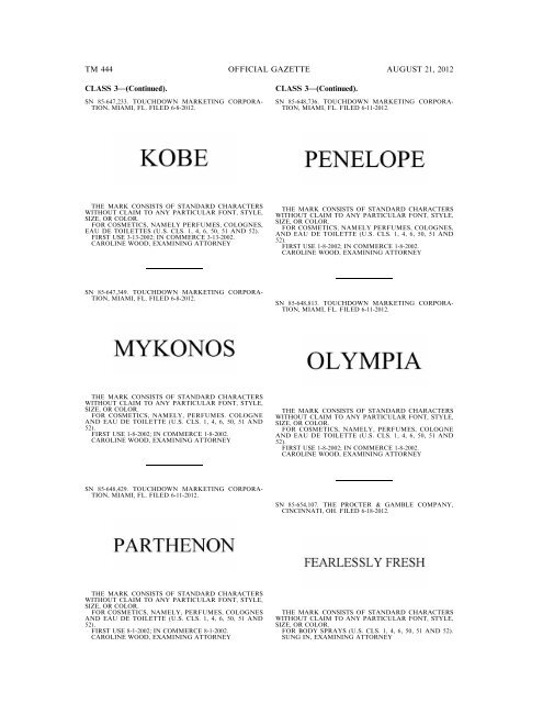 MARKS PUBLISHED FOR OPPOSITION - United States Patent and ...