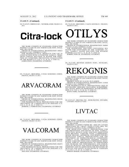 MARKS PUBLISHED FOR OPPOSITION - United States Patent and ...