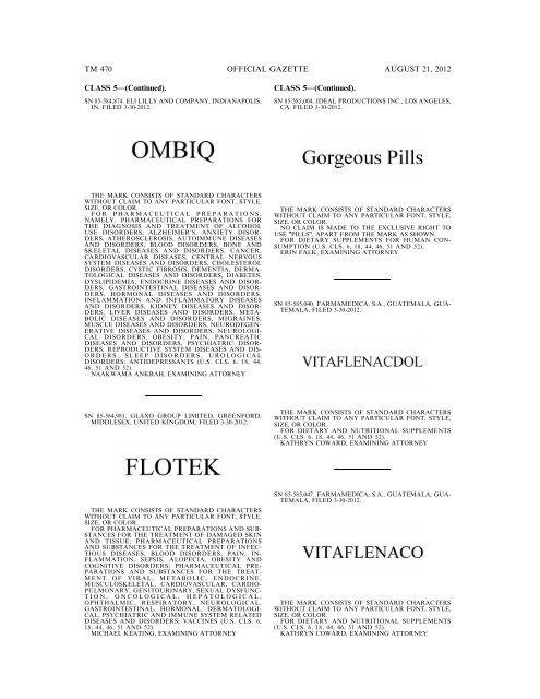 MARKS PUBLISHED FOR OPPOSITION - United States Patent and ...