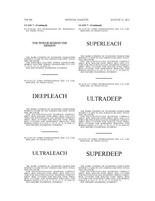 MARKS PUBLISHED FOR OPPOSITION - United States Patent and ...