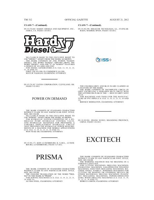 MARKS PUBLISHED FOR OPPOSITION - United States Patent and ...