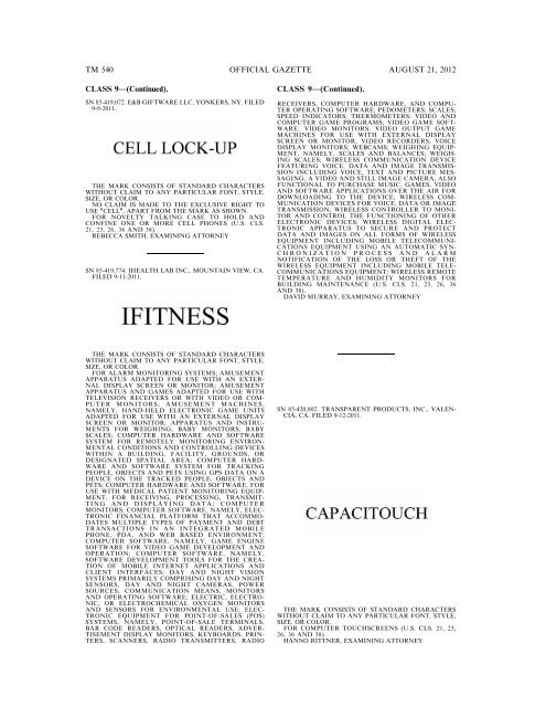 MARKS PUBLISHED FOR OPPOSITION - United States Patent and ...