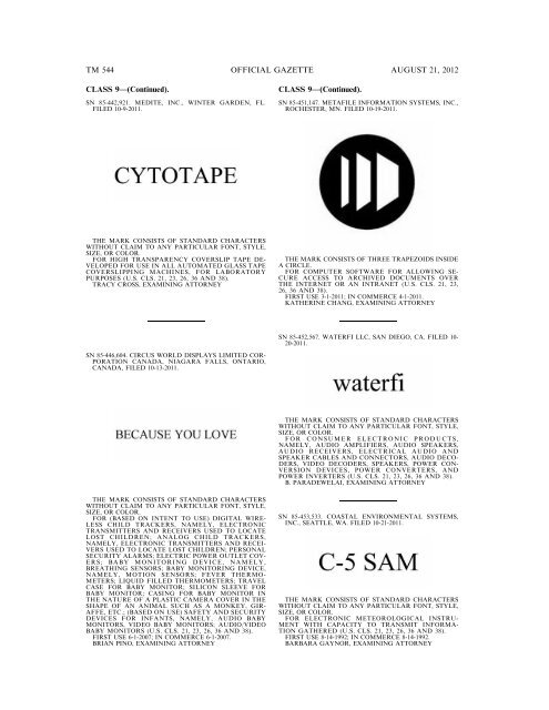 MARKS PUBLISHED FOR OPPOSITION - United States Patent and ...