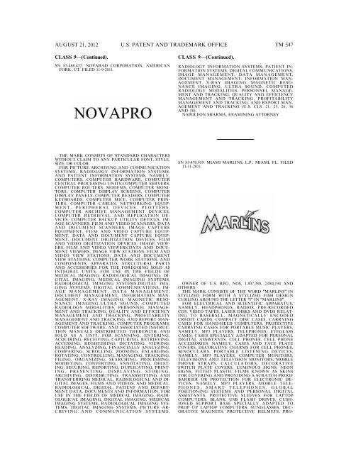 MARKS PUBLISHED FOR OPPOSITION - United States Patent and ...