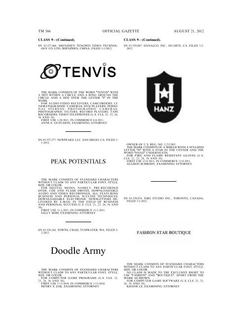 MARKS PUBLISHED FOR OPPOSITION - United States Patent and ...