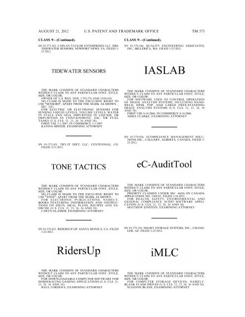 MARKS PUBLISHED FOR OPPOSITION - United States Patent and ...