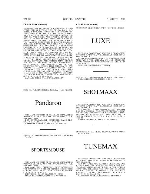 MARKS PUBLISHED FOR OPPOSITION - United States Patent and ...