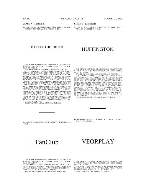 MARKS PUBLISHED FOR OPPOSITION - United States Patent and ...