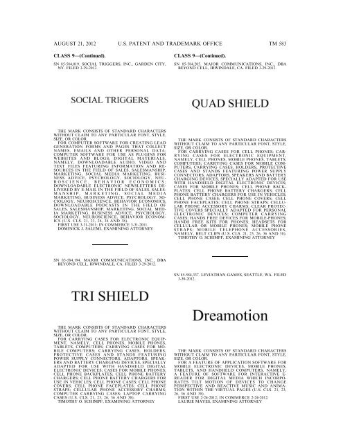 MARKS PUBLISHED FOR OPPOSITION - United States Patent and ...