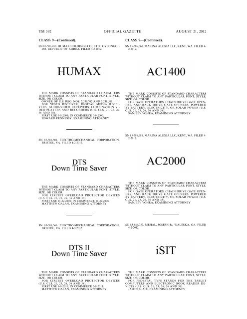 MARKS PUBLISHED FOR OPPOSITION - United States Patent and ...