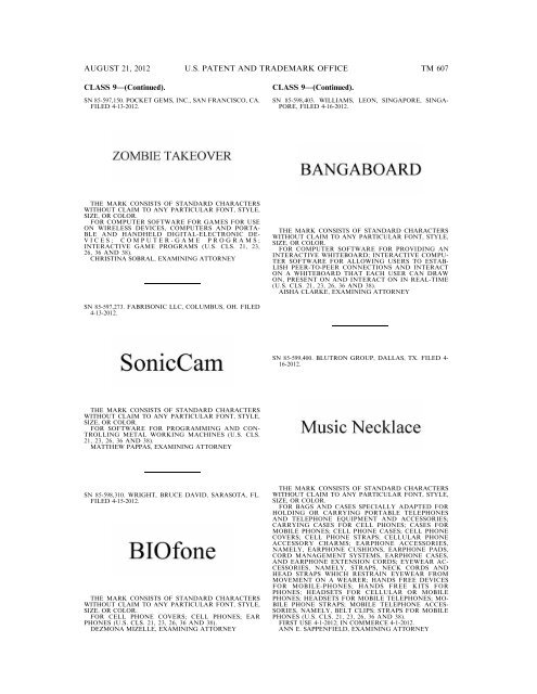 MARKS PUBLISHED FOR OPPOSITION - United States Patent and ...