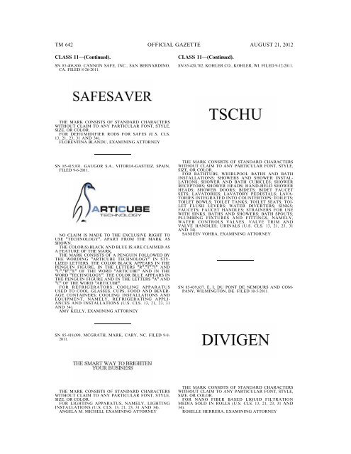 MARKS PUBLISHED FOR OPPOSITION - United States Patent and ...