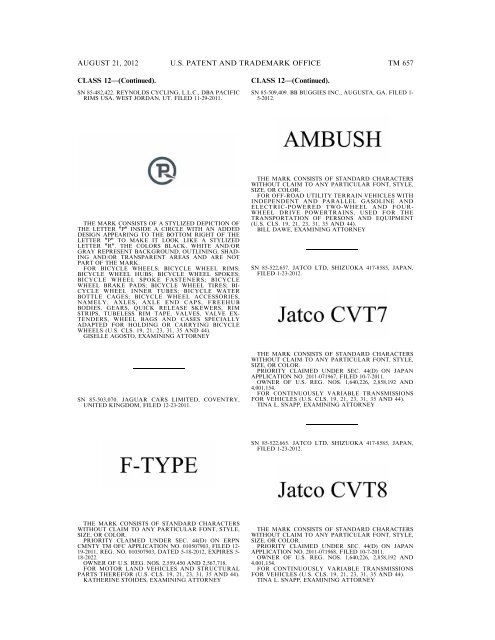 MARKS PUBLISHED FOR OPPOSITION - United States Patent and ...