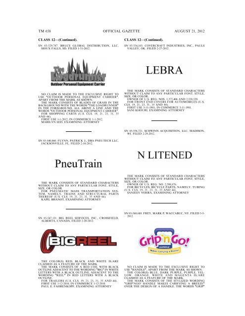 MARKS PUBLISHED FOR OPPOSITION - United States Patent and ...