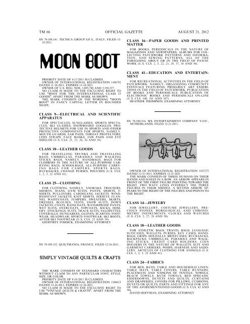 MARKS PUBLISHED FOR OPPOSITION - United States Patent and ...