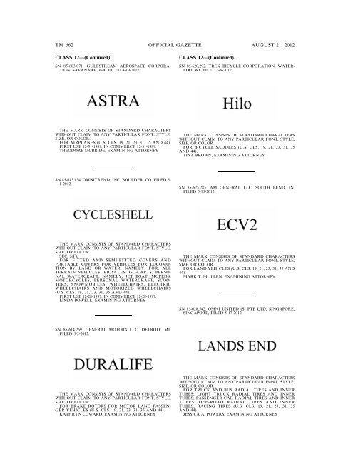 MARKS PUBLISHED FOR OPPOSITION - United States Patent and ...