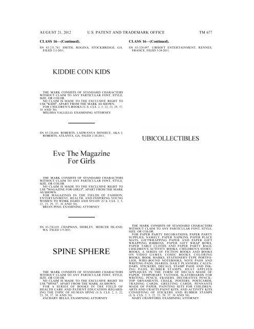 MARKS PUBLISHED FOR OPPOSITION - United States Patent and ...