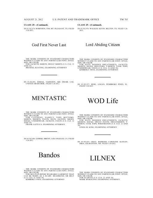 MARKS PUBLISHED FOR OPPOSITION - United States Patent and ...