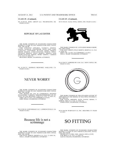 MARKS PUBLISHED FOR OPPOSITION - United States Patent and ...