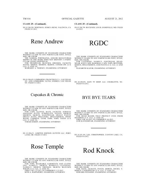 MARKS PUBLISHED FOR OPPOSITION - United States Patent and ...