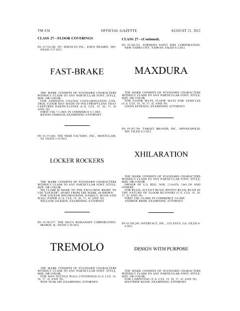 MARKS PUBLISHED FOR OPPOSITION - United States Patent and ...