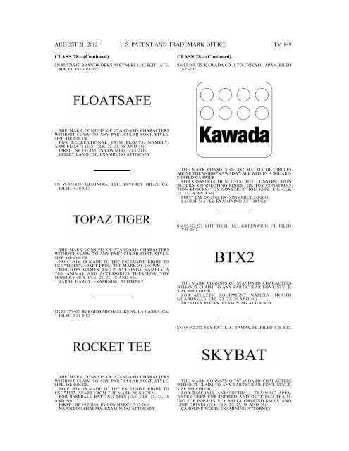 MARKS PUBLISHED FOR OPPOSITION - United States Patent and ...