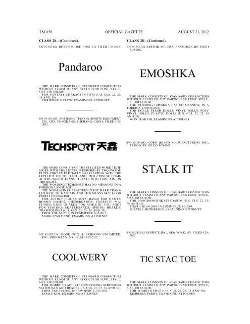 MARKS PUBLISHED FOR OPPOSITION - United States Patent and ...