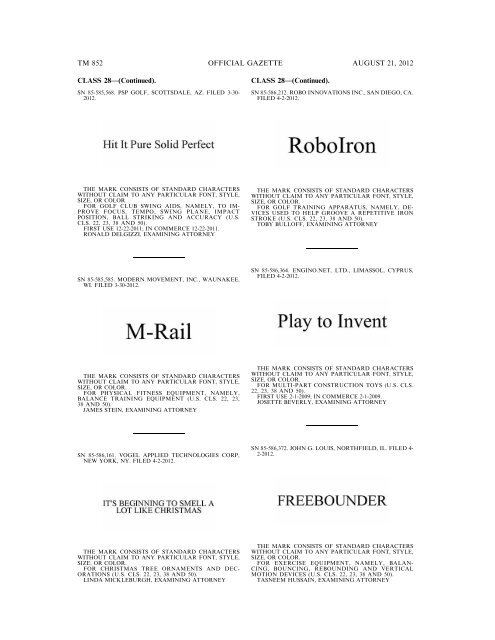 MARKS PUBLISHED FOR OPPOSITION - United States Patent and ...