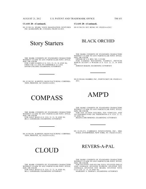 MARKS PUBLISHED FOR OPPOSITION - United States Patent and ...