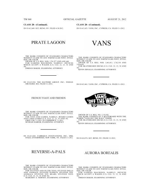 MARKS PUBLISHED FOR OPPOSITION - United States Patent and ...