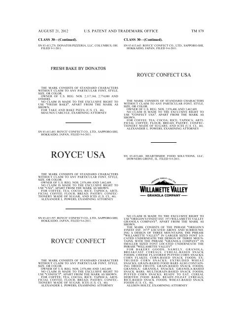 MARKS PUBLISHED FOR OPPOSITION - United States Patent and ...