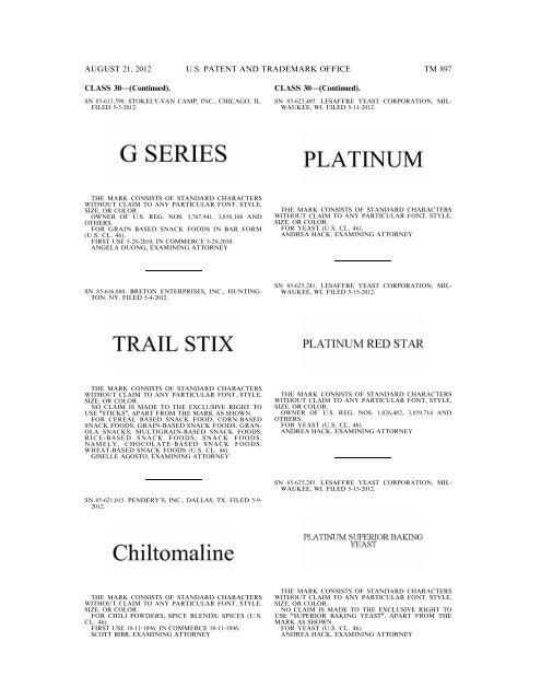 MARKS PUBLISHED FOR OPPOSITION - United States Patent and ...