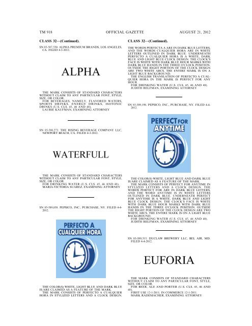 MARKS PUBLISHED FOR OPPOSITION - United States Patent and ...