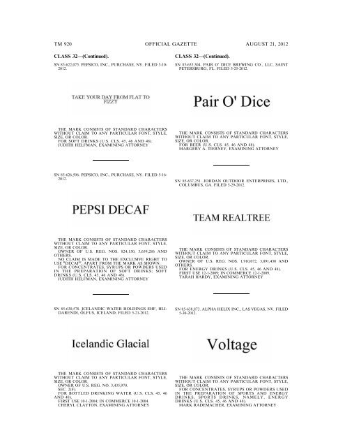 MARKS PUBLISHED FOR OPPOSITION - United States Patent and ...