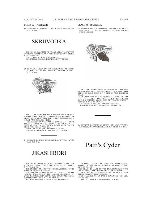 MARKS PUBLISHED FOR OPPOSITION - United States Patent and ...