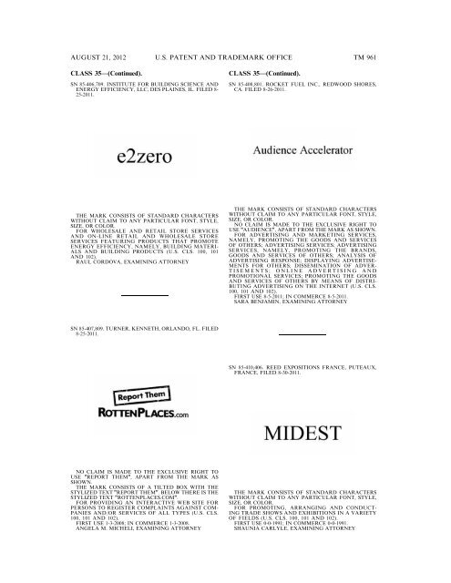 MARKS PUBLISHED FOR OPPOSITION - United States Patent and ...