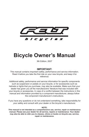 Bicycle Owner's Manual - Felt Bicycles