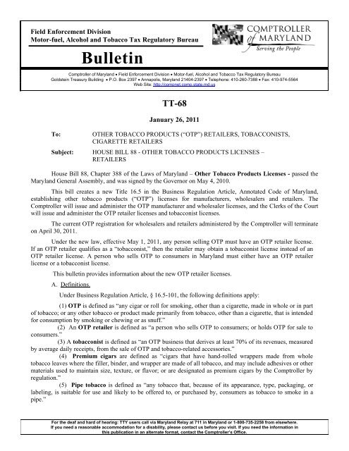 Bulletin TT-68 - Other Tobacco Products (OTP) Retailers