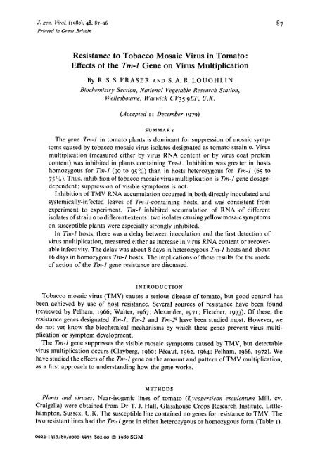 Resistance to Tobacco Mosaic Virus in Tomato - Journal of General ...