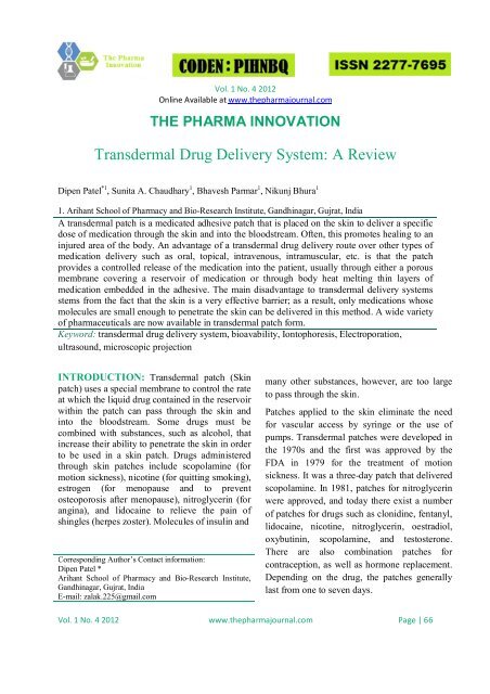 Transdermal Drug Delivery System An Overview Of Different Drug