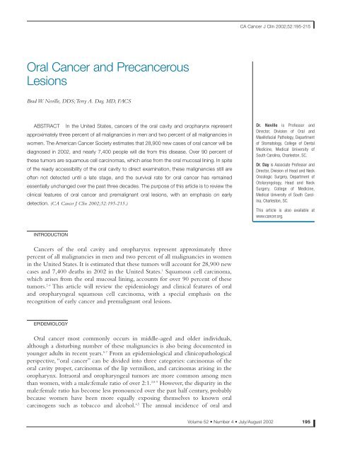 Oral Cancer and Precancerous Lesions - The Oral Cancer Foundation