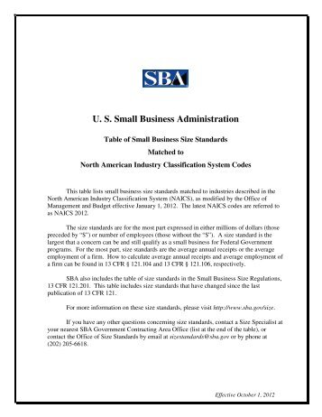 Table of Size Standards - SBA