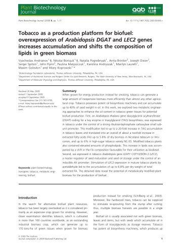 Tobacco as a production platform for biofuel: overexpression of ...